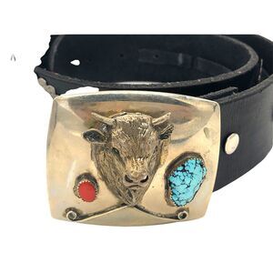 Vintage Silver & Turquoise Buffalo Head Removable Buckle Leather Belt 32" Unique